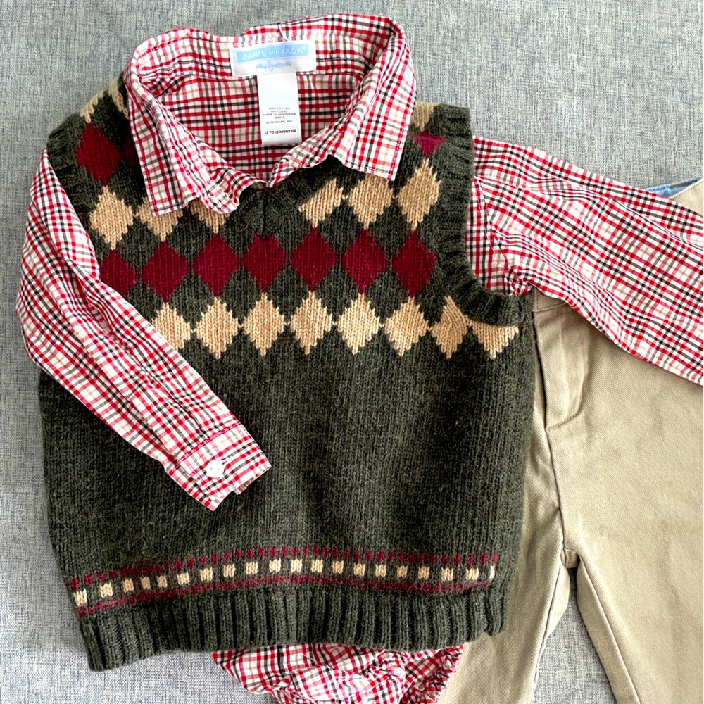 Janie and Jack button shirt and vest with khaki pants 18/24 month boy